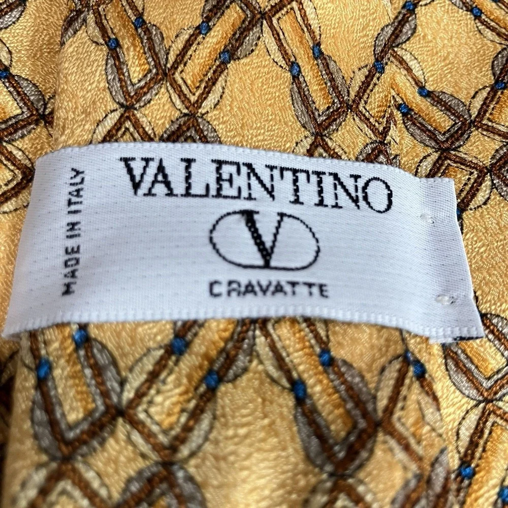 Valentino Cravatte Silk Necktie Gold Brown Blue Chain Link Geometric Made Italy